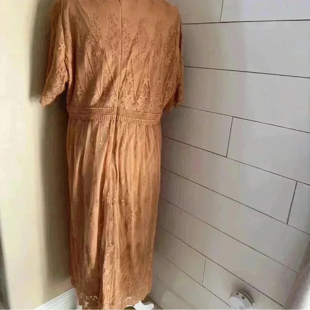 Roolee Womens Dusty Mustard Yellow RoundNeck Embroidered Lace Midi Dress Sz XXXL - Picture 4 of 8